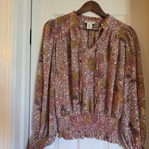 Rachel Zoe Mauve Floral Smocked Peasant Blouse with Olive Accents
